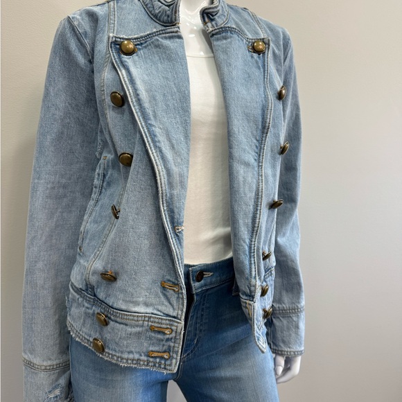 Free People Double-Breasted Military Moto Light Blue Denim Jean Jacket Band - Picture 2 of 9
